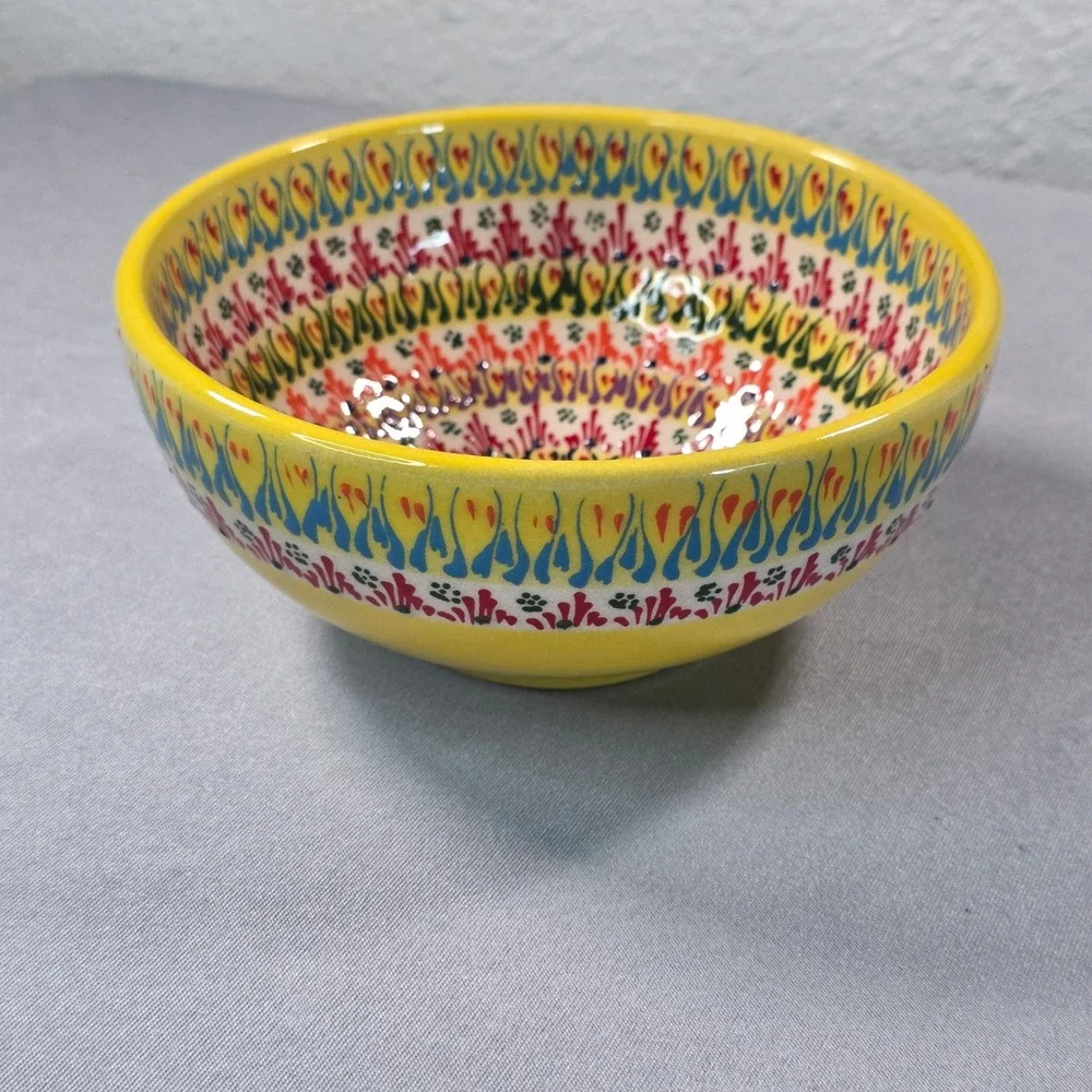 Handcrafted Hand Painted Yellow Ceramic Bowl Floral Mandala Signed 6 Inch